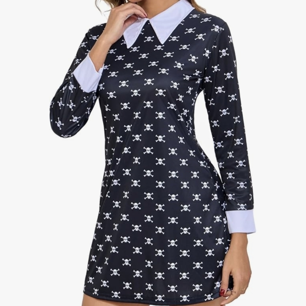 NEW Black Skull Print Long-Sleeve Mini Dress with White Collar XL